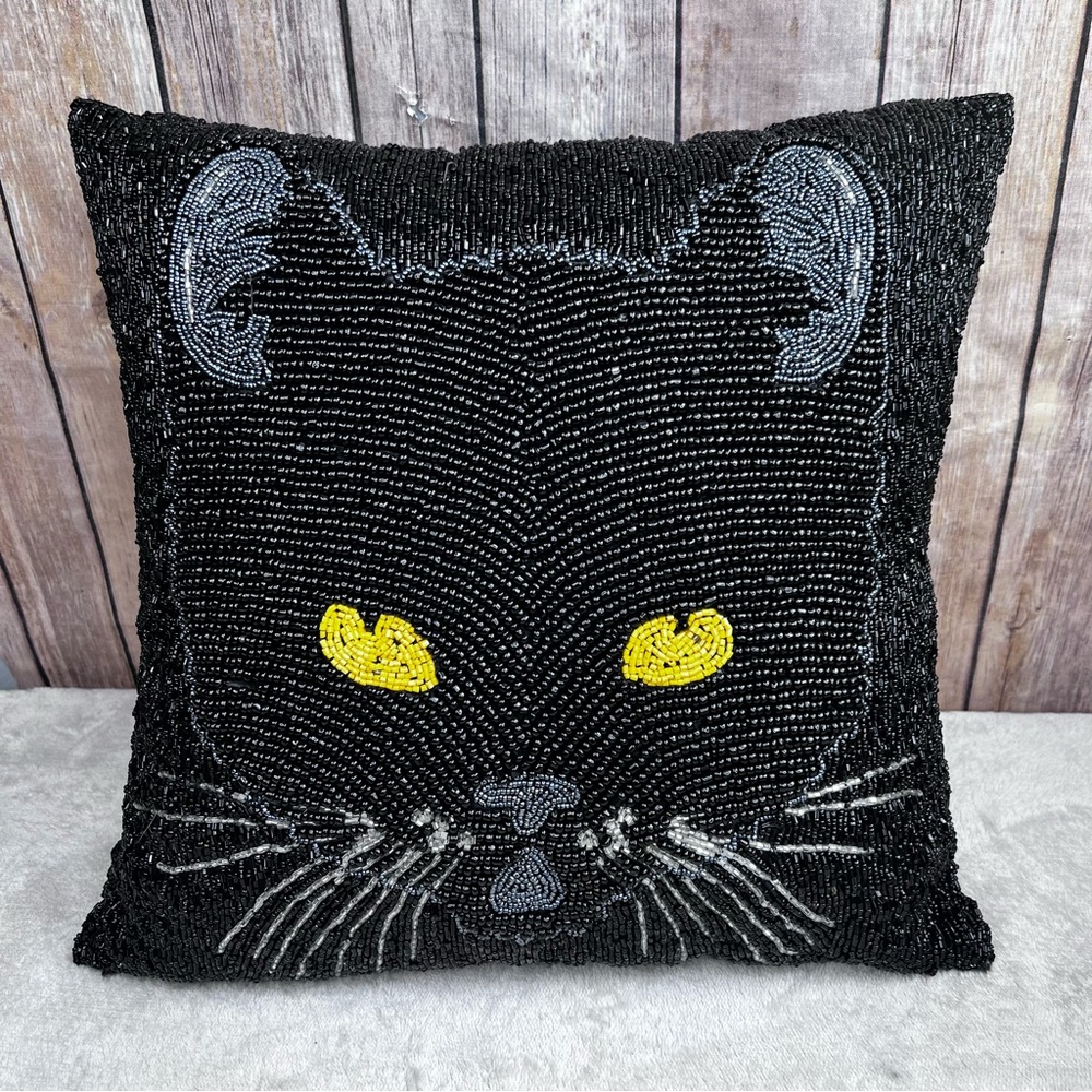 Pier 1 Spooky Black Cat Beaded Accent Pillow Embellished Halloween Goth Whimsy